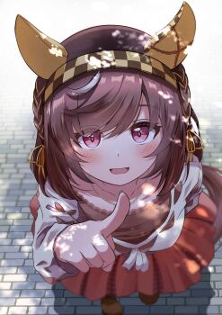 1girl absurdres animal_ears brown_hair brown_skirt buena_vista_(casual)_(umamusume) buena_vista_(umamusume) checkered_hairband collarbone commentary_request ear_covers from_above hair_between_eyes hairband highres horse_ears horse_girl horse_tail jewelry k1kojima long_sleeves looking_at_viewer necklace pointing pointing_at_viewer purple_eyes skirt smile solo sweater tail umamusume white_sweater yellow_hairband