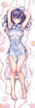 1girl armpits arms_behind_head barefoot blue_dress blush china_dress chinese_clothes commentary_request covered_navel dakimakura_(medium) dress gloves highres long_hair looking_at_viewer lying nanami_yuuno nipples on_back original purple_hair sample_watermark see-through_clothes see-through_dress solo sousouman toenails toes twinbox_school very_long_hair watermark white_gloves yellow_eyes