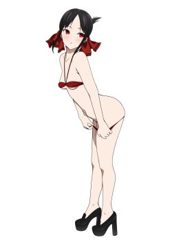 1girl :o absurdres bikini bikini_bottom_pull bikini_pull black_hair blush breasts clothes_pull coro_fae dot_nose full_body hair_ribbon high_heels highres kaguya-sama_wa_kokurasetai_~tensai-tachi_no_renai_zunousen~ leaning_forward loafers open_mouth platform_shoes pulling_own_clothes red_bikini red_eyes ribbon shinomiya_kaguya shoes simple_background small_breasts solo swimsuit white_background