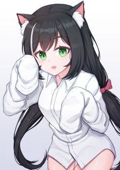 1girl absurdres animal_ears black_hair bow cat_ears collared_shirt dress_shirt fang green_eyes hair_bow highres karyl_(princess_connect!) long_hair moru_(79993230) naked_shirt open_mouth princess_connect! shirt smile solo tail twintails very_long_hair white_background white_hair white_shirt