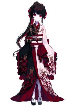 Rule 34 | 1girl, absurdres, black gloves, black hair, butterfly ornament, colored inner hair, colored skin, earrings, expressionless, frilled kimono, frills, full body, gloves, highres, hime cut, japanese clothes, jewelry, kimono, looking at viewer, mahou shoujo no inshuu mura, multicolored hair, multicolored kimono, nikaido hiro, obi, official art, okobo, platform sandals, ponytail, red eyes, sandals, sash, sleeves past wrists, socks, solo, transparent background, umemaro (siona0908), white skin, white socks