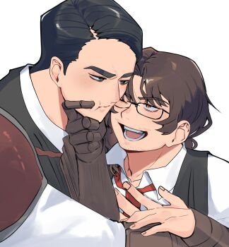 2boys ;d absurdres arm_around_another armor arms_around_another's_waist arms_around_waist bags_under_eyes beard_stubble black-framed_eyewear black-framed_glasses black_hair black_vest bow brown_eyes brown_hair closed_mouth collarbone collared_shirt dress_shirt expressionless eye_contact face-to-face facial_hair formal_clothes frown furrowed_brow glasses gloves grabbing_another's_chin green_eyes gregor_(project_moon) hair_between_eyes hair_bow hair_intakes hair_ribbon hair_slicked_back half-closed_eyes hand_on_another's_arm hand_on_another's_cheek hand_on_another's_chest hand_on_another's_chin hand_on_another's_face hand_up happy highres hug jitome joints limbus_company liu_association_south_uniform long_hair long_sleeves looking_at_another looking_down looking_to_the_side looking_up loose_necktie low_ponytail male_focus mechanical_arms meursault_(project_moon) multiple_boys muscular muscular_male necktie official_alternate_costume one_eye_closed open_mouth parted_bangs pauldrons ponytail pout project_moon prosthesis prosthetic_arm red_armor red_bow red_necktie red_ribbon ribbon sanpaku semi-rimless_eyewear shirt short_hair shoulder_armor sideburns sidelocks simple_background single_mechanical_arm size_difference smile stubble teeth thick_eyebrows tongue under-rim_eyewear upper_body v-shaped_eyebrows vest white_background white_shirt yaoi