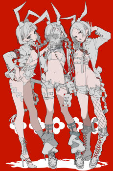 3girls animal_ear_fluff animal_ears armband belt belt_buckle bikini boots braid buckle commentary_request fake_animal_ears fishnet_thighhighs fishnets gas_mask groin hair_ornament hairclip high_heels highres jacket lace-up_boots long_hair mask mochizuki_kei multiple_girls navel open_clothes open_fly open_jacket open_shorts original partially_colored rabbit_ears red_background short_shorts shorts simple_background single_thighhigh standing swimsuit thighhighs thighhighs_under_boots very_long_hair