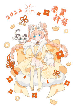 1girl 2022 absurdres animal animal_ear_headwear animal_ears animal_on_hand animal_print back_bow bare_shoulders bell black_ribbon blue_eyes blunt_bangs blush_stickers boots bow braid braided_hair_rings braided_twintails character_request chinese_commentary chinese_new_year chinese_zodiac closed_mouth coin commentary_request dot_nose double_bun eyelashes fake_animal_ears fang fang_out fireworks flower flower_knot full_body fur-trimmed_boots fur-trimmed_sleeves fur_hat fur_trim hair_bun hair_flower hair_ornament hair_rings hand_up happy hat high_heel_boots high_heels highres holed_coin knee_boots large_bow layered_sleeves long_hair long_sleeves looking_at_viewer multicolored_eyes neck_bell neck_ribbon nikki_(series) on_cloud orange_hair petting pink_eyes puffy_long_sleeves puffy_sleeves red_flower red_ribbon ribbon shining_nikki simple_background sitting situ&#039;erte_tiezhu skin_fang sleeve_ribbon sleeves_past_wrists smile solo tareme tiger tiger_ears tiger_hat tiger_print two-tone_eyes very_long_hair white_background white_hat white_sleeves white_tiger year_of_the_tiger yellow_boots yellow_bow yellow_flower yellow_hanfu