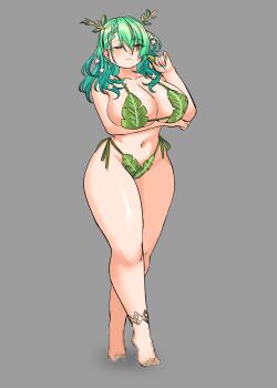 :3 anklet antlers aqua_nails arm_under_breasts bikini breasts censored censored_feet ceres_fauna cleavage earrings eyes_visible_through_hair flower green_bikini green_hair grey_background hair_flower hair_ornament hair_over_one_eye holding holding_leaf hololive hololive_english horns huge_breasts jewelry leaf leaf_bikini lips long_hair navel peagade red_eyes side-tie_bikini_bottom smile standing swimsuit thick_thighs thighs tree_horns virtual_youtuber wavy_hair