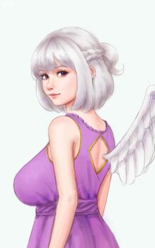 Rule 34 | 1girl, angel wings, arms at sides, back cutout, bare arms, bare shoulders, breasts, closed mouth, clothing cutout, dress, eyelashes, frills, from side, gold trim, grey background, grey hair, highres, kishin sagume, large breasts, light smile, looking at viewer, looking back, nose, purple dress, purple eyes, realistic, self-upload, short hair, simple background, single wing, solo, touhou, upper body, wings, yyf (seaknight)