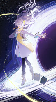 Rule 34 | 1girl, absurdres, black pantyhose, boots, chinese commentary, commentary request, dress, floating hair, flower, full body, glowing, gomidasu (kamitsubaki studio), grey eyes, grey hair, hair floating upwards, hair flower, hair ornament, hair over one eye, hand on own chest, highres, isekaijoucho, jacket, kamitsubaki studio, long hair, long sleeves, looking at viewer, multicolored hair, outstretched arm, pantyhose, saturn (planet), sky, smile, solo, space, standing, star (sky), starry sky, streaked hair, sunflower, virtual youtuber, walluka, white boots, white dress, white jacket, yellow dress, yellow flower