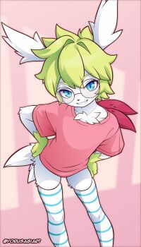 1boy black-framed_eyewear blue_eyes blue_theme blush furrification furry furry_male gen_4_pokemon glasses green_hair hands_on_own_hips highres legendary_pokemon looking_at_viewer male_focus multicolored_thighhighs mythical_pokemon nintendo parted_lips pink_shirt pokemon round_eyewear shaymin shaymin_(sky) shirt short_hair short_sleeves smile solo striped_clothes striped_thighhighs t-shirt thighhighs twitter_username white_thighhighs yorusagiart