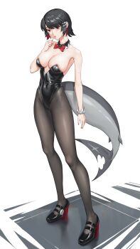 1girl absurdres alternate_costume baishui bare_shoulders black_hair black_leotard black_pantyhose black_shoes bow bowtie breasts candy cleavage collarbone colored_inner_hair commentary_request covered_navel detached_collar ellen_joe fins fish_tail food full_body high-waist_pantyhose highres holding holding_candy holding_food holding_lollipop large_breasts leotard lollipop lollipop_in_mouth looking_at_viewer mary_janes mole mole_under_eye multicolored_hair pantyhose razor_blade_hair_ornament red_bow red_bowtie red_eyes red_nails scar scar_on_tail shark_girl shark_tail shoes short_hair simple_background solo standing strapless strapless_leotard tail white_background zenless_zone_zero