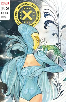 Rule 34 | 1girl, absurdres, blue cape, blue gloves, blue leotard, breasts, cape, cleavage, comic cover, company name, copyright logo, copyright name, cover, cover page, cowboy shot, creature on arm, destiny (marvel), english text, gloves, gold mask, highres, leotard, logo, looking at creature, marvel, mask, medium breasts, official art, painting (medium), peach momoko, solo focus, superhero costume, traditional media, watercolor (medium), x-men