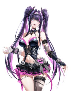 Rule 34 | 1girl, absurdres, bandaged hand, bandages, bare shoulders, belt, black belt, black hair, black nails, black skirt, blue eyes, bracelet, breasts, brooch, check copyright, chinese commentary, cleavage, collarbone, colored inner hair, commentary request, copyright request, criss-cross halter, earrings, elbow gloves, fangs, fingerless gloves, frilled skirt, frilled wrist cuffs, frills, gloves, hair intakes, hair ornament, hair scrunchie, halterneck, heart, heart brooch, highres, horns, jewelry, large breasts, long hair, metal bracelet, multicolored hair, nail polish, navel, open mouth, original, pink nails, purple hair, scrunchie, shanyao jiang tororo, sideboob, single fingerless glove, single thighhigh, skirt, small horns, smile, spiked bracelet, spikes, standing, streaked hair, teeth, thigh strap, thighhighs, tongue, torn clothes, torn gloves, torn thighhighs, transparent background, twintails, two-sided fabric, two-sided skirt, upper teeth only, very long hair, white thighhighs, wrist cuffs