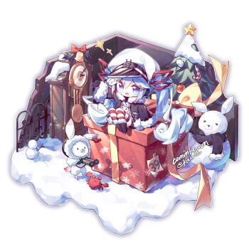 Rule 34 | 1girl, 1other, 39, animal, aqua eyes, aqua hair, binoculars, black coat, black gloves, black necktie, black shorts, blush, chibi, closed mouth, coat, collared shirt, commentary, commission, crab, fur-trimmed coat, fur-trimmed sleeves, fur trim, gloves, gradient hair, hair between eyes, hair ornament, hair ribbon, hat, hatsune miku, highres, holding, holding binoculars, jacket, long hair, long sleeves, looking at viewer, multicolored hair, necktie, official alternate costume, official alternate hairstyle, open mouth, peaked cap, rabbit, rabbit yukine, red ribbon, red shirt, ribbon, sailor hat, shenju bing hui, shirt, short shorts, shorts, smile, striped clothes, striped thighhighs, symbol-only commentary, thighhighs, twintails, v, very long hair, vocaloid, white hair, white jacket, yuki miku, yuki miku (2022)