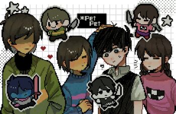 1girl 2boys 3others 9aaaalt29 ? antenna_hair arm_up black_eyes black_hair black_sweater_vest blue_skin braid bright_pupils brown_hair chara_(undertale) chibi closed_eyes closed_mouth collared_shirt colored_skin deltarune frisk_(undertale) green_sweater hand_on_another&#039;s_head headpat heart highres holding holding_knife knife kris_(dark_world)_(deltarune) kris_(deltarune) long_hair long_sleeves looking_at_another low_twin_braids madotsuki multiple_boys multiple_others no_eyes omori omori_(omori) pixel_art red_sweater shirt short_hair sunny_(omori) sweatdrop sweater sweater_vest twin_braids undertale utdr_(toby_fox) white_pupils white_shirt white_skin yellow_skin yume_nikki