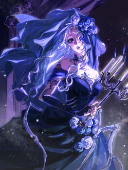 1girl bare_shoulders black_arm_warmers black_choker blue_dress blue_eyeshadow blue_fire blue_flower blue_gemstone blue_rose blue_veil bone bridal_veil bride brown_eyes candle candlestand choker closed_mouth collarbone commentary cowboy_shot curtains dress english_commentary expressionless eyelashes eyeshadow fire floating_clothes floating_hair flower gem hat hat_flower highres holding holding_candle indoors infinity_nikki jewelry light_particles lipstick long_hair long_sidelocks looking_at_viewer makeup makino_gengetsu multiple_rings nameless_selfless_(infinity_nikki) nikki_(series) off-shoulder_dress off_shoulder one_eye_covered outline purple_flower purple_lips purple_rose ring rose short_sleeves sidelocks solo standing veil very_long_hair wavy_hair wedding_dress white_hair white_outline wind