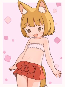 1girl :d absurdres animal_ear_fluff animal_ears blonde_hair border brown_eyes clothing_cutout cowboy_shot fang flat_chest fox_ears fox_girl fox_tail highres hip_vent irohiza miniskirt navel no_nose open_mouth original outside_border red_skirt skin_fang skirt smile solo strapless tail tareme tube_top white_border