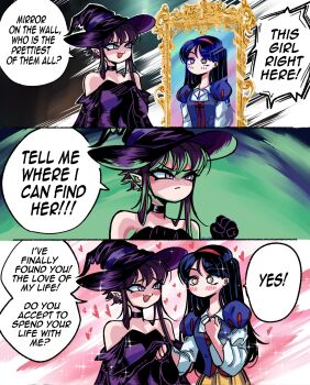 Rule 34 | 2girls, black hair, blush, disney princess, english text, grs-, hat, highres, holding hands, long hair, looking at mirror, mirror, multiple girls, pointy ears, purple hair, snow white (disney), snow white and the seven dwarfs (disney), speech bubble, witch, witch hat, yuri