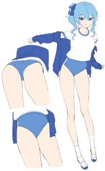 1girl ass blue_eyes blue_hair blue_shorts buruma clenched_teeth gym_uniform highres hololive hoshimachi_suisei jacket looking_at_viewer open_clothes open_jacket panties panties_under_buruma raeis shirt short_shorts shorts side_ponytail simple_background teeth underwear virtual_youtuber white_background white_panties white_shirt white_shorts