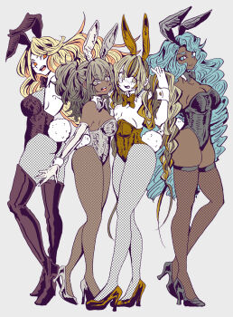 4girls animal_ears ass bare_shoulders black_boots black_leotard blonde_hair blue_eyes blue_hair boots bow bowtie breasts cleavage covered_navel dark-skinned_female dark_skin detached_collar fake_animal_ears fake_tail fishnet_leotard fishnet_pantyhose fishnet_thighhighs fishnets high_heel_boots high_heels highleg highleg_leotard highres large_breasts leotard long_hair looking_at_viewer multiple_girls nanasemomoka original pantyhose playboy_bunny rabbit_ears rabbit_tail strapless strapless_leotard tail thigh_boots thighhighs thighs traditional_bowtie white_leotard white_wrist_cuffs wrist_cuffs yellow_eyes yellow_leotard