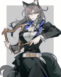 Rule 34 | 1girl, animal ears, arknights, ascot, black jacket, black pants, breasts, commentary, cowboy shot, gertrude strollo (arknights), grey eyes, grey hair, highres, holding, holding harp, holding wand, jacket, large breasts, long hair, long sleeves, moomsaw, pants, shirt, solo, standing, wand, white ascot, white shirt, wolf ears