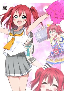 2girls :d birthday black_hair blush border breasts closed_eyes commentary green_eyes grey_sailor_collar grey_skirt hashtag-only_commentary highres holding_boombox kurosawa_dia kurosawa_ruby looking_at_viewer love_live! love_live!_sunshine!! medium_hair multiple_girls multiple_views one_eye_closed open_mouth outside_border pleated_skirt pointing pointing_at_viewer red_hair revision sailor_collar school_uniform siblings sidelocks signature sisters skirt small_breasts smile summer_uniform two_side_up upper_body uranohoshi_school_uniform white_border zero-theme