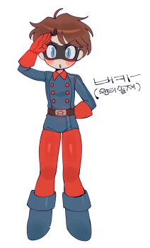 1boy ahoge arm_up batrobin_k black_mask blue_eyes blush boots brown_hair character_request copyright_request domino_mask eye_mask full_body gloves grey_boots highres korean_text long_sleeves male_focus mask pantyhose parted_lips red_gloves red_pantyhose salute simple_background solo translation_request white_background