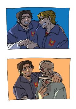 ^_^ absurdres beard_stubble blonde_hair blue_background blue_jumpsuit brown_eyes brown_hair closed_eyes curly_(mouthwashing) curly_(pre-crash)_(mouthwashing) disfigured eye_contact facial_hair fist_bump grin hand_on_another's_chest highres hospital_gown jimmy_(mouthwashing) jumpsuit kashacroissant looking_at_another male_focus mouthwashing mustache_stubble no_lips orange_background short_hair smile split_screen stubble tears