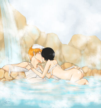 Rule 34 | 1boy, 1girl, absurdres, ass, bandages, black hair, bleach, bleach: sennen kessen-hen, blush, breasts, closed eyes, flat chest, hand on ass, hands on shoulders, hetero, highres, kiss, kuchiki rukia, kurosaki ichigo, mixed-sex bathing, nude, object on head, onsen, orange hair, shared bathing, short hair, sideboob, steam, towel, towel on head, water, yuria-chu