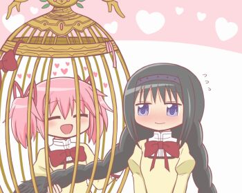 2girls :d akemi_homura bad_id bad_twitter_id birdcage black_hair blush bow braid braiding_hair cage closed_eyes flying_sweatdrops hair_ribbon hairband hairdressing heart in_cage kaname_madoka long_hair looking_at_another magia_record:_mahou_shoujo_madoka_magica_gaiden mahou_shoujo_madoka_magica mitakihara_school_uniform multiple_girls open_mouth pink_hair purple_eyes reverse_(bluefencer) ribbon school_uniform short_hair short_twintails smile twin_braids twintails yuri