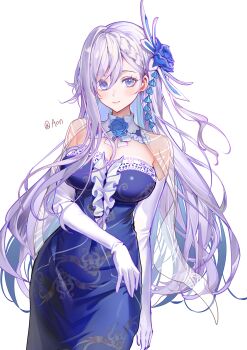 1girl 86_-eightysix- a_(sofi3103) absurdres blue_dress blue_eyes breasts china_dress chinese_clothes cleavage closed_mouth covered_navel dress elbow_gloves gloves hair_between_eyes highres large_breasts long_hair looking_at_viewer purple_hair simple_background smile solo vladilena_millize white_background white_gloves