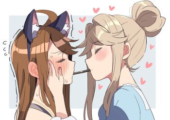 2girls ahoge animal_ear_hairband animal_ears blush brown_hair cat_ear_hairband cat_ears closed_eyes ear_blush face-to-face facing_another fake_animal_ears fingernails flying_sweatdrops food from_side hair_bun hairband hand_on_another&#039;s_face heart highres idolmaster idolmaster_million_live! multiple_girls nail_polish pink_nails pocky pocky_kiss profile shared_food sidelocks simple_background single_hair_bun soeji tenkuubashi_tomoka tokoro_megumi trembling yuri