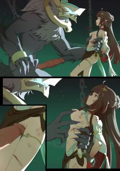 1girl animal_penis bad_tag bestiality breasts brown_hair cuffs defeat female female_focus fur highres honkai:_star_rail honkai_(series) imminent_penetration imminent_rape large_penis lingsha_(honkai:_star_rail) long_hair male mihoyo multiple_views nipples nude penis pussy rape shackles thighs torn_clothes uncensored yamomo yamomono