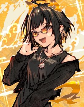 Rule 34 | 1girl, :d, abstract background, ahoge, azai eimi, black hair, black jacket, black tank top, breasts, brown hair, chain, chain necklace, collarbone, d4dj, green eyes, grey-framed eyewear, hand up, heart, heart necklace, highres, jacket, jewelry, long sleeves, looking at viewer, medium breasts, mini eyewear, multicolored hair, necklace, off shoulder, open clothes, open jacket, open mouth, orange-tinted eyewear, orange background, round eyewear, short hair, sidelocks, smile, solo, streaked hair, sunglasses, swept bangs, tank top, tinted eyewear, upper body, yukitake (bullfalk)