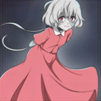 1girl arms_behind_back black_background blue_ribbon blush breasts colored_skin dress green_skin grey_hair grey_skin hair_ribbon konno_junko leaning_forward long_hair looking_at_viewer low_twintails multicolored_skin pink_dress red_eyes ribbon short_sleeves small_breasts smile standing stitches t_jiroo_(ringofriend) twintails two-tone_skin zombie zombie_land_saga