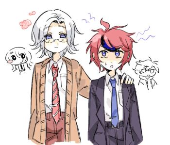 4boys akinashi_haru akinashi_haru_(cosplay) aotsuki_eito black_suit blue_eyes blue_necktie brown_cardigan brown_pants cardigan cosplay cowboy_shot cropped_legs diagonal-striped_clothes diagonal-striped_necktie doodle_inset formal_clothes glasses grey_hair hand_on_another's_shoulder jacket lapels male_focus multicolored_hair multiple_boys necktie open_cardigan open_clothes pants red_hair red_necktie saihate_eki squ15 streaked_hair striped_clothes suit suit_jacket sumino_takumi tatsunami_shion tatsunami_shion_(cosplay) the_hundred_line_-last_defense_academy-