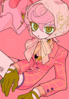 2girls brown_eyes brown_gloves c73an coat commentary_request dot_nose english_text eyelashes gloves hair_between_eyes highres jojo_no_kimyou_na_bouken leg_tattoo long_sleeves looking_at_viewer multiple_girls parted_lips pink_coat pink_hair see-through_clothes see-through_veil spice_girl_(stand) stand_(jojo) tattoo trish_una veil vento_aureo