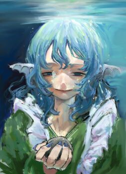 Rule 34 | 1girl, absurdres, air bubble, blue eyes, blue hair, blue nails, bubble, commentary, fins, frills, green kimono, hair between eyes, head fins, highres, holding, holding rock, japanese clothes, kimono, light smile, looking at viewer, medium hair, mermaid, monster girl, nail polish, omaega chan, rock, solo, touhou, underwater, upper body, wakasagihime, water