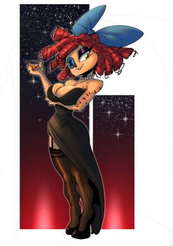 absurdres black_dress breasts button_eye cleavage curly_hair dress glitch_productions high_heels highres jewelry necklace pearl_necklace ragatha_(the_amazing_digital_circus) the_amazing_digital_circus thighhighs