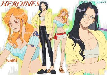 2girls arm_tattoo black_hair black_pants black_shoes blue_eyes bra breasts character_name commentary crop_top english_commentary highres holding_hands jacket long_hair looking_at_viewer midriff multiple_girls nami_(one_piece) nico_robin one_piece orange_eyes orange_hair pants shoes shorts sidelocks smile sweatdrop tattoo twintails twitter_username underwear v yellow_jacket yoki_(ricardo_blue73)