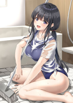 Rule 34 | 1girl, absurdres, bare legs, barefoot, bathtub, black hair, breasts, character request, cleaning brush, commentary request, hair tie, highres, indoors, large breasts, long hair, looking at viewer, open mouth, osanajimi wa sasoeba itudemo dekiru kankei, purple eyes, school swimsuit, second-party source, see-through clothes, see-through shirt, shirt, sidelocks, sitting, solo, swimsuit, tied shirt, twintails, unasaka ryou, vest, wariza, wet, wet clothes, wet shirt, white shirt