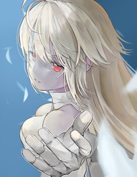 1girl archetype_earth arcueid_brunestud breasts cleavage commentary_request detached_sleeves from_above gloves hair_between_eyes highres ine3816 long_hair looking_at_viewer looking_back messy_hair petals profile reaching reaching_towards_viewer red_eyes solo_focus tsukihime tsukihime_(remake) wavy_hair white_gloves