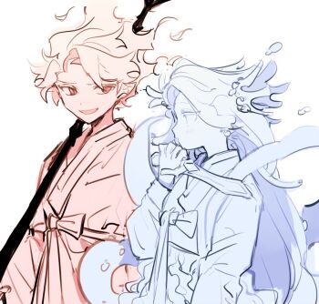 Rule 34 | 1boy, 1girl, alternate costume, bad id, bad twitter id, blue theme, blush, bow, color contrast, commentary, cookie run, coral hair ornament, couple, fiery hair, fire spirit cookie, hair ornament, hetero, holding, holding staff, holding sword, holding weapon, humanization, inactive account, japanese clothes, kimono, liquid hair, long hair, multiple monochrome, nana (ebitokanimiso), orange theme, painttool sai (medium), pointy ears, sea fairy cookie, short hair, simple background, sketch, smile, staff, sword, symbol-only commentary, weapon, white background