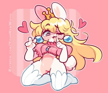 1girl animal_ears animal_hands blonde_hair blue_eyes blush bottomless breasts commentary crown earrings english_commentary fang furry furry_female heart heart-shaped_pupils jaltoid jewelry kneeling long_hair looking_at_viewer mario_(series) mario_+_rabbids_kingdom_battle nintendo no_pussy one_eye_closed open_mouth pawpads pink_background pink_shirt pink_theme princess princess_peach rabbid rabbid_peach rabbit_ears rabbit_girl rabbit_tail raving_rabbids shirt solo symbol-shaped_pupils tail underboob v very_long_hair