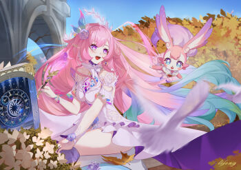 1girl absurdres aqua_hair blue_eyes blue_sky book breasts chinese_commentary commentary_request cyrene_(honkai:_star_rail) cyrene_(ripples_of_past_reverie)_(honkai:_star_rail) diamond-shaped_pupils diamond_(shape) dress earrings flower hair_flower hair_ornament highres honkai:_star_rail honkai_(series) jewelry large_breasts li_feng_(user_hvnc4748) long_hair mem_(honkai:_star_rail) multicolored_hair open_book open_mouth pink_hair purple_eyes sky star-shaped_pupils star_(symbol) symbol-shaped_pupils thighs very_long_hair white_dress white_hair