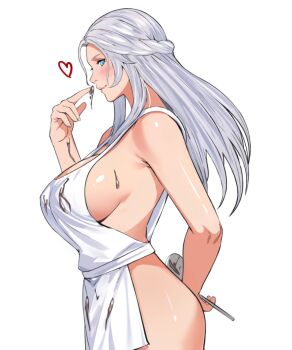 1girl apron arm_behind_back bare_shoulders blue_eyes braid breasts chocolate chocolate_on_body cleavage covered_erect_nipples cowboy_shot final_fantasy final_fantasy_xiv food_on_body forehead from_side grey_hair heart holding holding_spoon jamjamstyle large_breasts long_hair looking_at_viewer naked_apron nose profile revision sideboob sideways_glance simple_background solo spoken_heart spoon venat_(ff14) white_background
