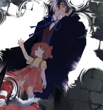 1boy 1girl black_coat black_jack_(character) black_jack_(series) brown_hair coat coco_empco commentary_request highres mary_janes multicolored_hair patchwork_skin pinoko puddle red_skirt reflection reflection_focus reflective_liquid ripples shoes short_hair skirt split-color_hair suspenders two-tone_hair