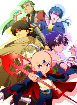 1990s_(style) 3x3_eyes 5boys bald belt bindi black_hair blue_hair blue_seed brown_eyes cape crossover closed_eyes facial_mark forehead_mark fujii_yakumo fushigi_yuugi green_hair hiei highres kusanagi_mamoru magatama male_focus mitsume_ga_tooru multiple_boys multiple_crossover pants polearm purple_eyes sharaku_hosuke topless_male smile spear tamahome tamahome_(fushigi_yuugi) tattoo tetsukuzu_tetsuko third_eye trait_connection weapon yuu_yuu_hakusho