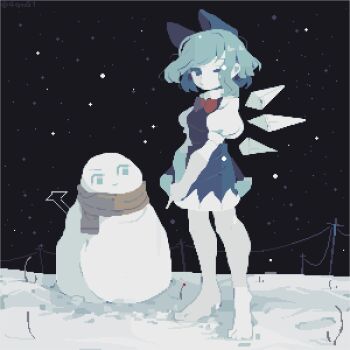 Rule 34 | 1girl, 4qw5, barefoot, blue bow, blue dress, blue eyes, blue hair, bow, bowtie, cirno, cirno day, commentary, detached wings, dress, english commentary, fairy, fairy wings, full body, hair bow, highres, ice, ice wings, looking at viewer, one eye closed, own hands together, pixel art, power lines, puffy short sleeves, puffy sleeves, red bow, red bowtie, short hair, short sleeves, sidelocks, signature, snow, snowman, solo, standing, touhou, utility pole, v arms, wings