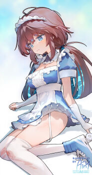 1girl ainy apron arm_warmers artist_name blue_dress blue_eyes blue_shoes blush breasts brown_hair cleavage closed_mouth commentary_request dress fallen_down foot_out_of_frame frilled_apron frilled_dress frills highres injury large_breasts long_hair low_twintails maid maid_headdress original roller_skates scrape scraped_knee shoes short_sleeves sitting skates solo tears thighhighs torn_clothes torn_thighhighs twintails watermark white_apron white_thighhighs