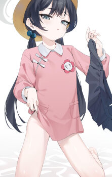 1girl absurdres bare_legs black_hair blue_archive blush bottomless clothes_lift flower_pin grey_eyes grey_halo hair_bobbles hair_ornament halo hat highres kindergarten_uniform kisaki_(blue_archive) kisaki_(kindergarten_uniform)_(blue_archive) kneeling lifting_own_clothes loli long_hair long_sleeves looking_at_viewer low_twintails open_mouth pink_shirt pleated_skirt pulling_own_clothes school_hat shirt shirt_lift simple_background skirt solo teasing twintails unworn_skirt white_background wittmann_(ehvr8373) yellow_hat