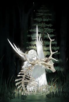 Rule 34 | 1girl, animal skeleton, commentary request, dress, feathered wings, forest, gost 56, grass, halo, highres, kneeling, korean commentary, light particles, long hair, nature, night, original, outdoors, plant, tree, vines, white dress, white hair, white wings, wings